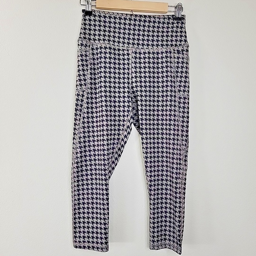 X by Gottex Womens Houndstooth Capri Leggings Medium Grey Black Pockets